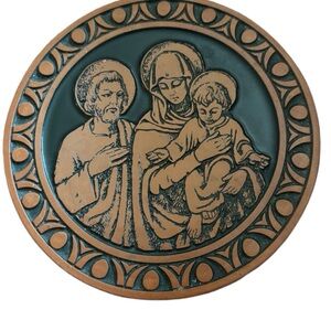 Frankoma USA  Pottery Trivet Mary Joseph Baby Jesus Deep Dark Green Terracotta